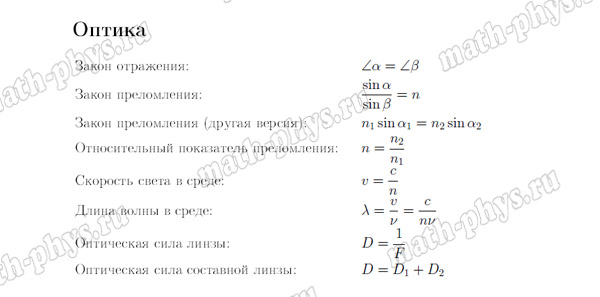 Физика: формулы по оптике для подготовки к ОГЭ