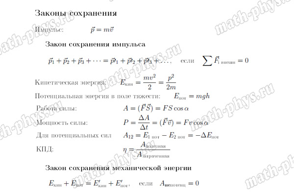 Физика: формулы по законам сохранения энергии и импульса для подготовки к ОГЭ